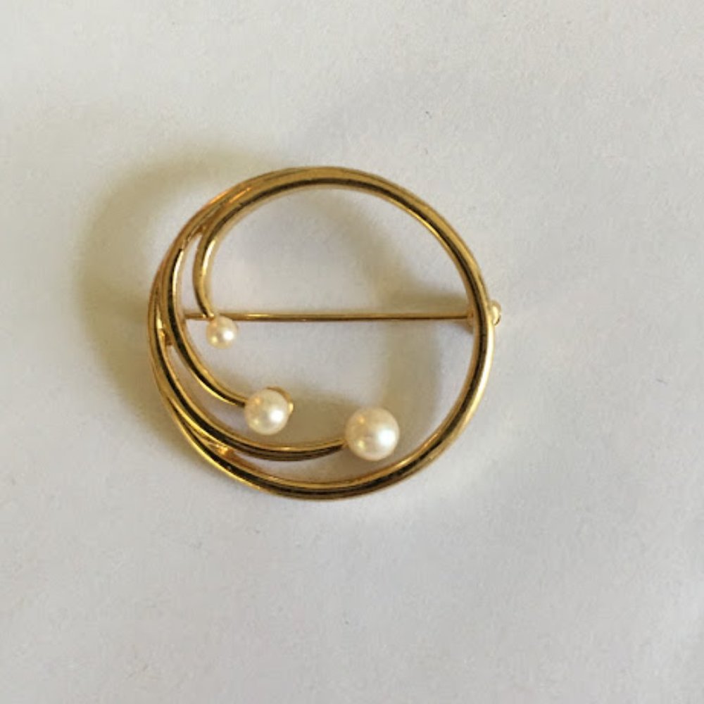 Gold & Pearl Circle Pin signed MONE Costume Brooch